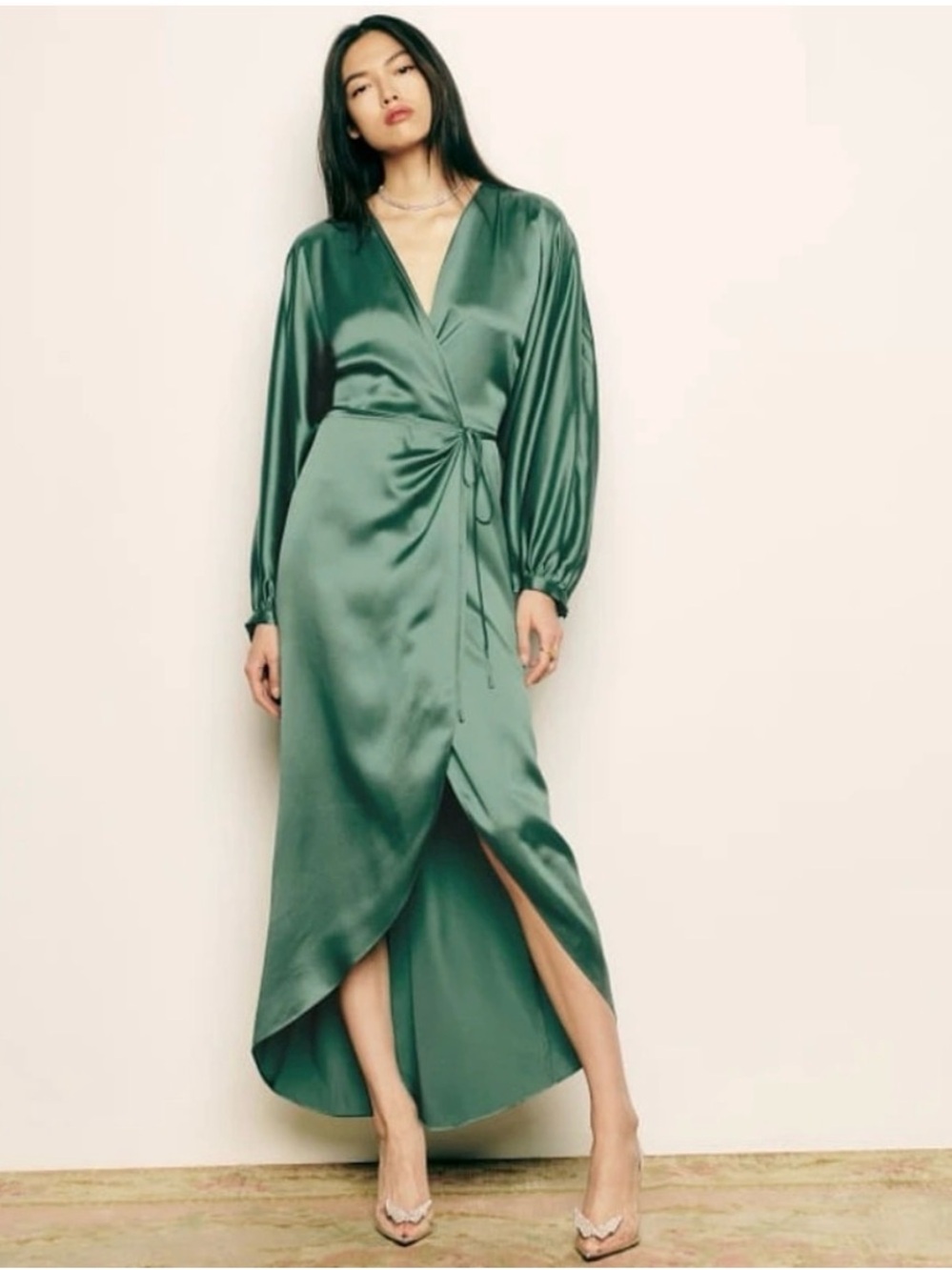 Reformation Gilbert Silk Wrap Dress Emerald Green Long Sleeves Size XS